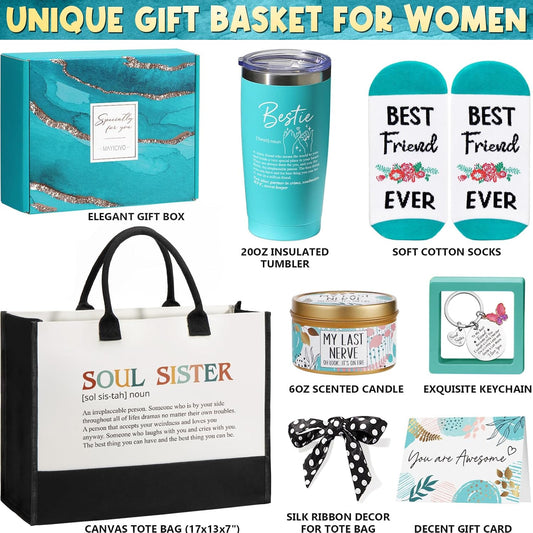 Best Friend Birthday Gifts for Women, Friendship Gifts for Women Friends Female Funny Sister Gift from Sister Christmas Gift Basket for Mom Best Friends Female Bestie Soul Sis BFF w/ Canvas Tote Bag