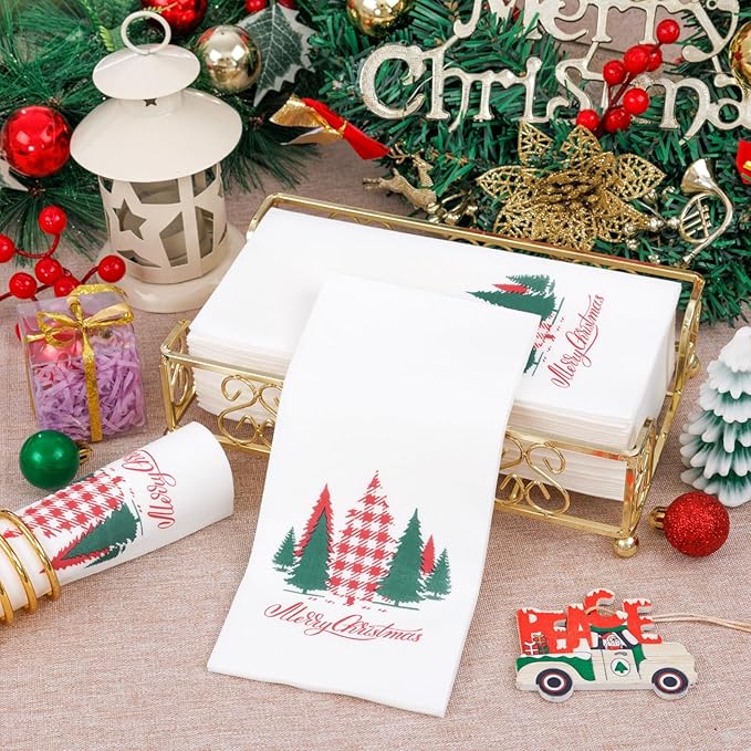 Supernal 100pcs Christmas Disposable Paper Napkins, Linen Like Holiday Napkins Design by Red and Green Xmas Tree, Christmas Guests Napkins Hand Towels for Kitchen Bathroom Parties Dinners