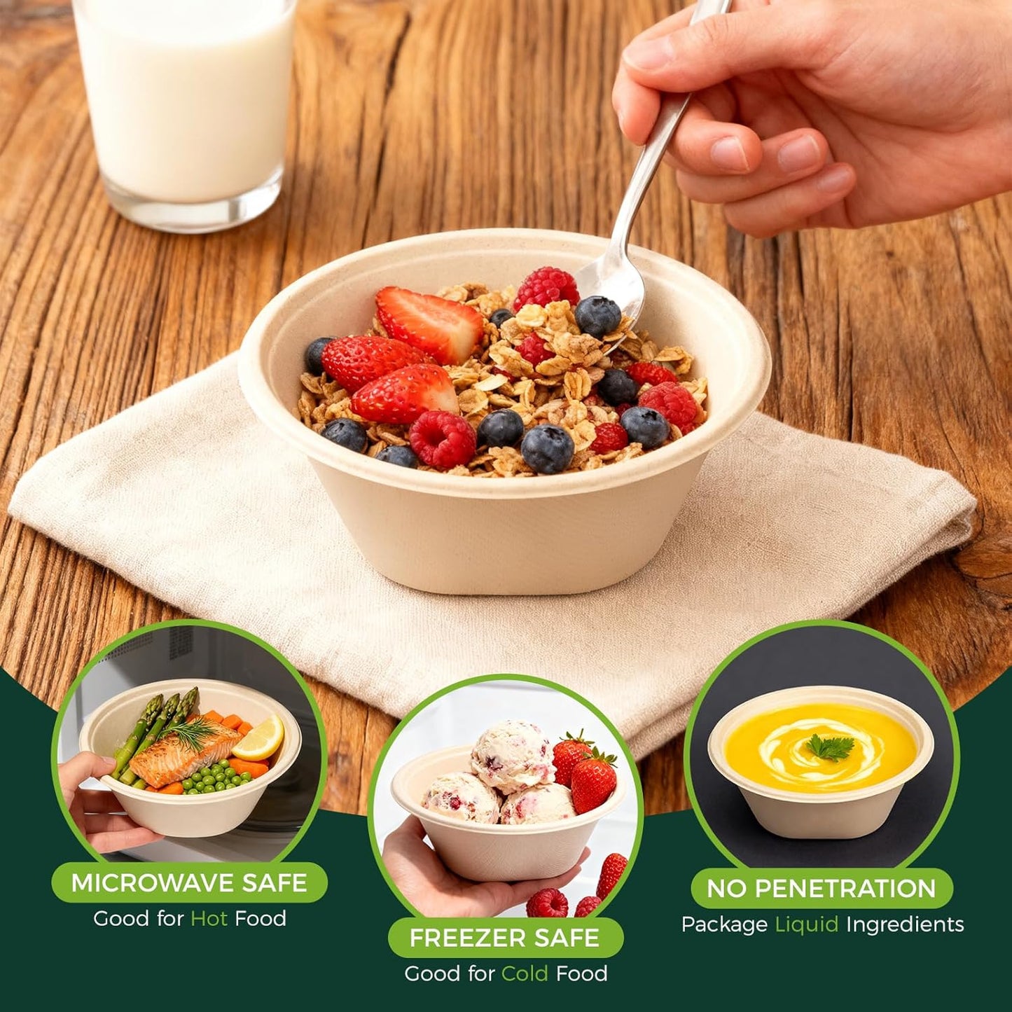 16 OZ [50 Pack] Heavy Duty Disposable Paper Bowls - Eco-friendly Natural Bagasse - Biodegradable Bowls for Cereal, French Fries,Rice