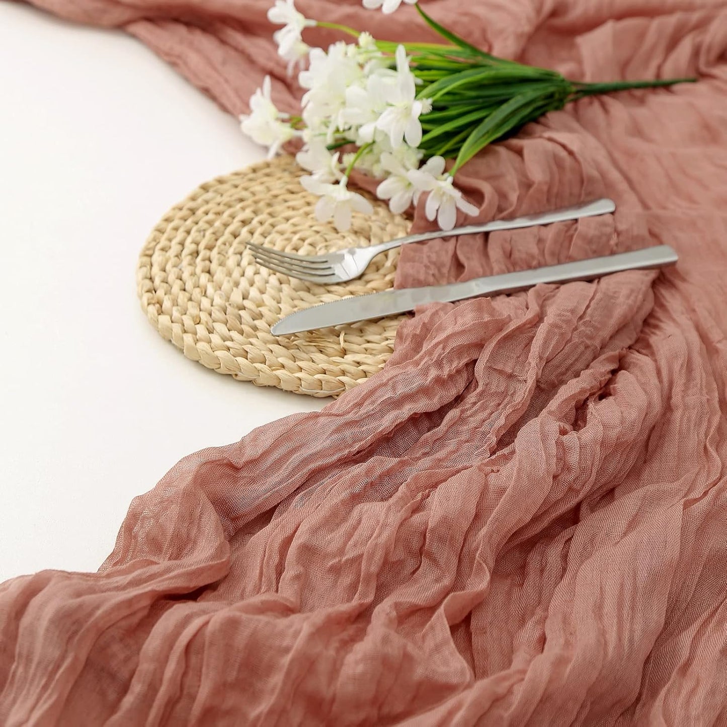 DOLOPL Boho Table Runner Dusty Blush Cheesecloth Table Runner 13.3ft Rustic Gauze Cheese Cloth Runner 160inch Long for Bridal Baby Shower Birthday Party Table Decorations