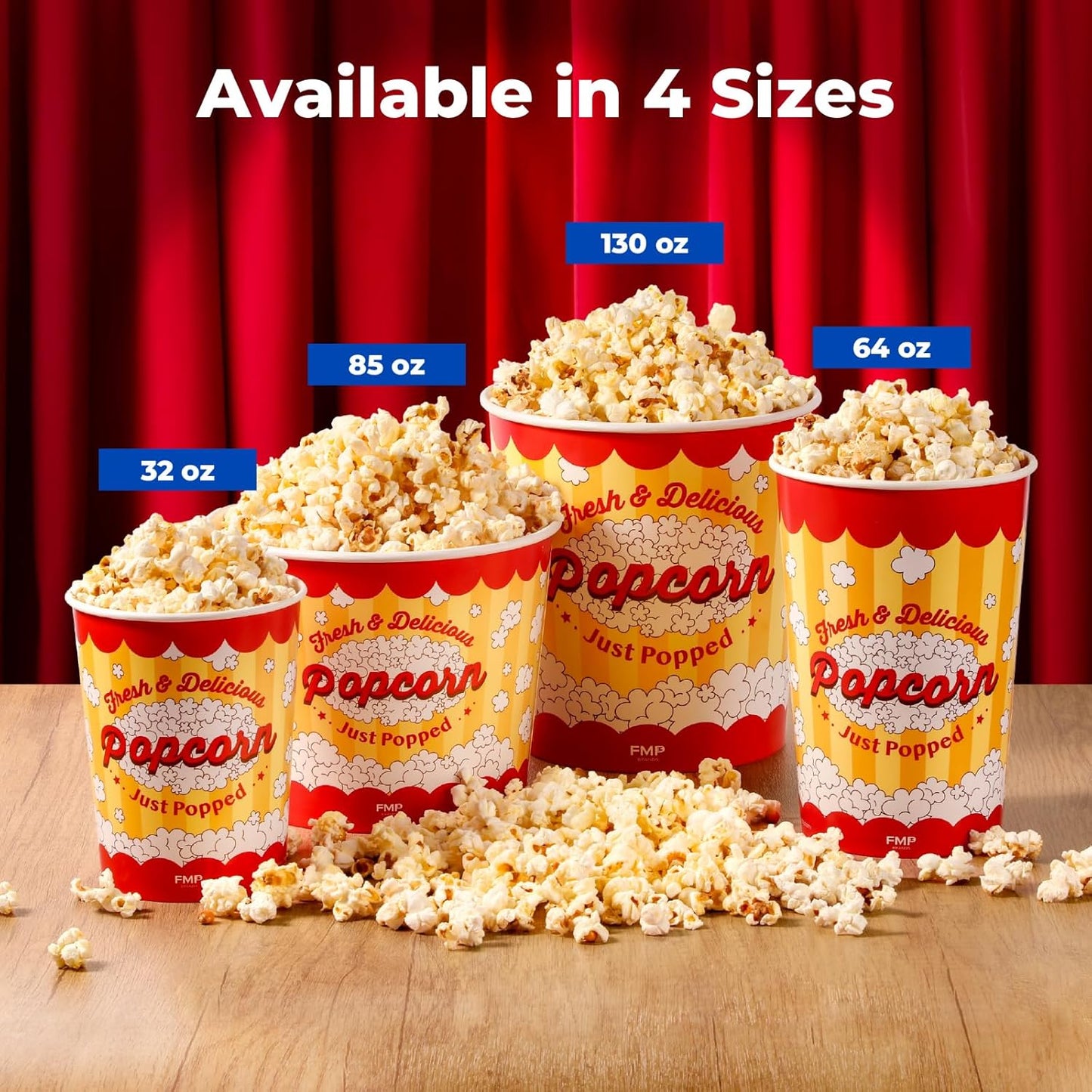 Fit Meal Prep 150 Pack Classic Paper Popcorn Buckets Disposable, 85 Oz Grease Resistant Popcorn Bowls Cups for Machine Home Theater Carnival Movie Night