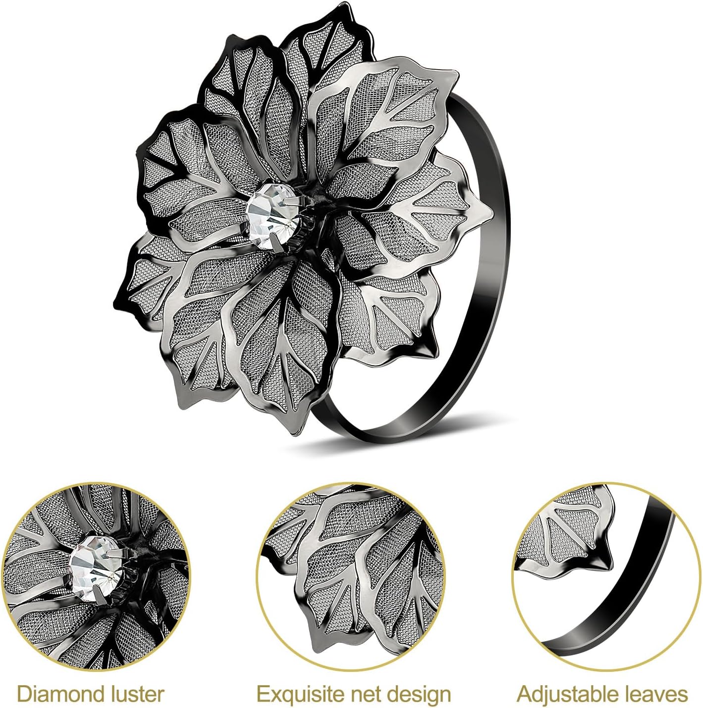 KPOSIYA Flower Napkin Rings Holder Metal Black Napkin Rings Set of 6 for Wedding Party Holiday Banquet Christmas Dinner Delicate Serviette Buckles Decor Favor (6, Black)