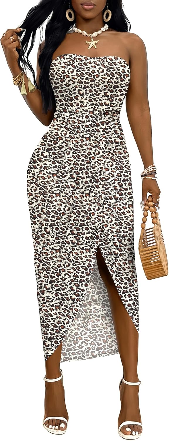 Umenlele Women's Strapless Ruched High Waist Wrap Split Asymmetrical Beach Maxi Long Dress