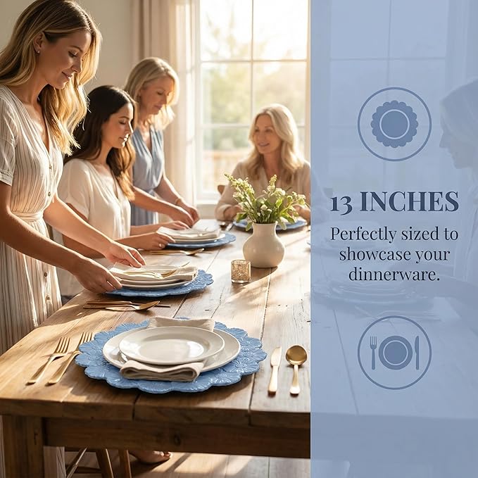 Blue Charger Plates with Flower Rim, 13" Round Charger for Dinner Plates, Set of 6 Plastic Plate Chargers for Wedding, Birthday.