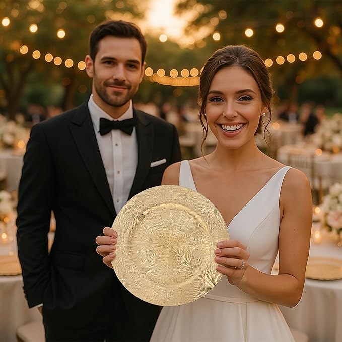 JEVERGN 40 Pack Gold Charger Plates Bulk, 13" Plating Linear Chargers for Dinner Plates, Gold Plate Chargers Set of 40, Round Plastic Charger for Wedding, Party Event, Dinner, Table Setting