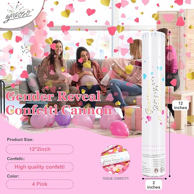 Gender Reveal Confetti Cannon,4 Pink Paper Connon Safty Party Poppers Shoots 20-25ft,12 inch Upgrade Firmware Baby Shower Gender Maternity Shoots Reveal Party Supplie