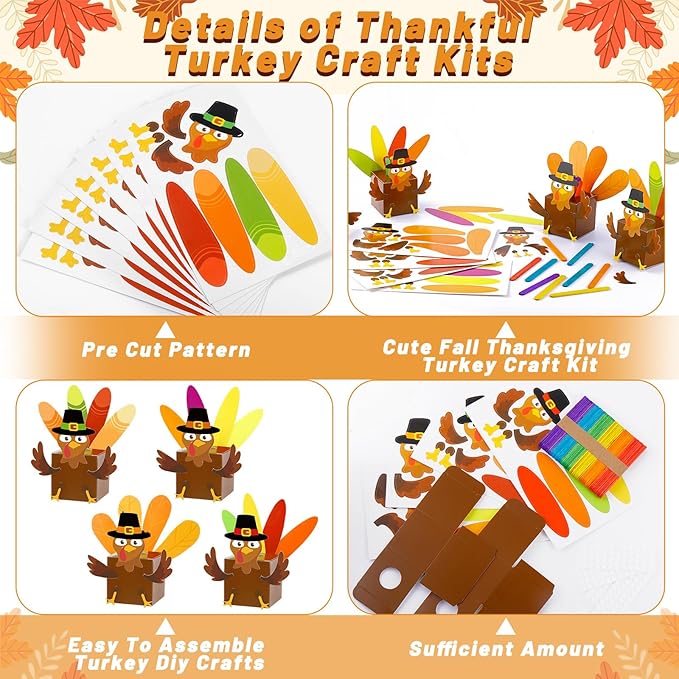 FULAIERGD 32 Set Fall Thankful Turkey Craft Kit - Fall DIY Turkey Paper Boxes Thanksgiving Turkey Jar Craft Gratitude Prayer Turkey Jar Christian Party Favor for Fall Activities Home Party Supplies