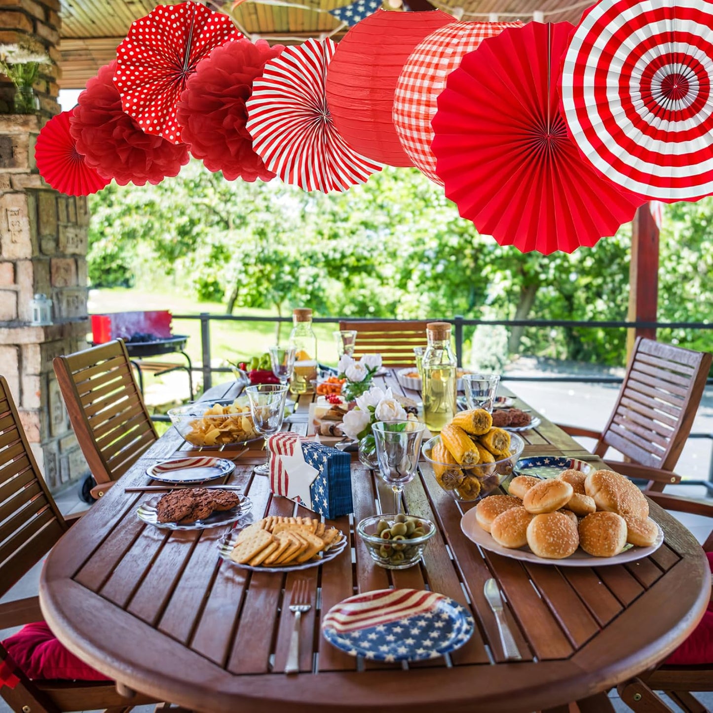 Red Party Decorations Red Paper Fans Paper Lanterns Pom Poms Flowers for Baby Shower Birthday Wedding Engagement Party