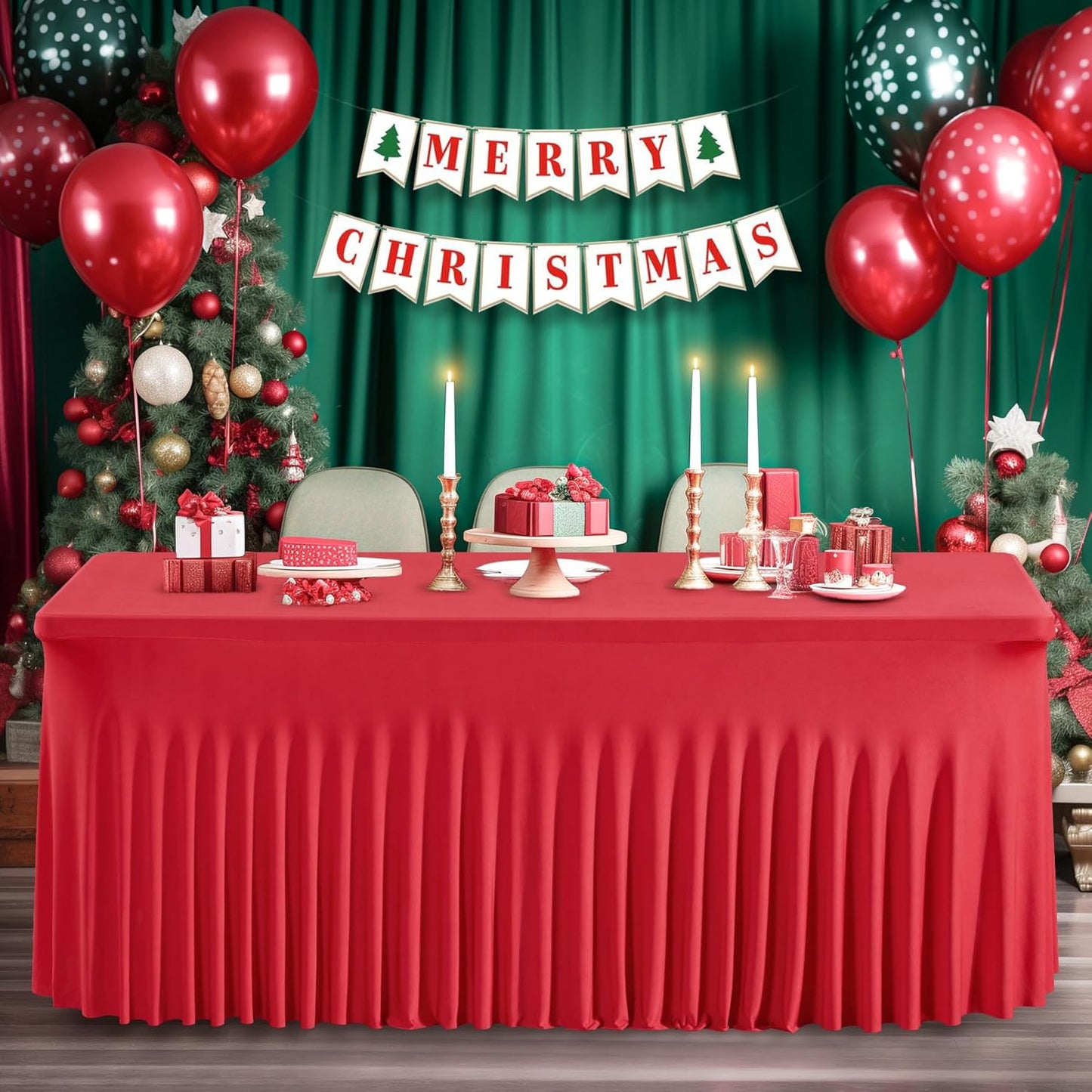 2 Packs Red Spandex Table Clothes for 4 Foot Rectangle, Stretch Christmas Skirts Wrinkle-Free Fitted Cover for Event, Wedding, Banquet & Parties
