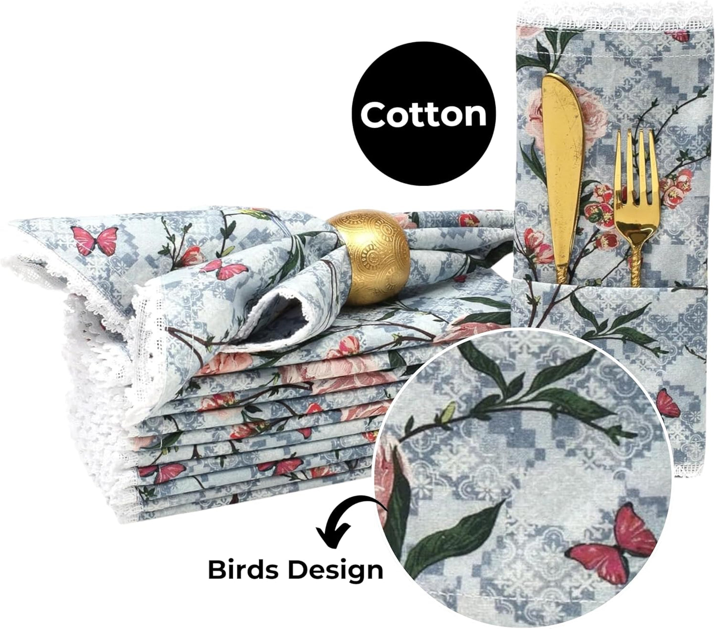 Bedding Craft Printed Cotton Dinner Napkins Set of 12 – 18x18 Lace Birds Design – Elegant & Reusable Fabric Table Napkins for Dining, Parties, Weddings & Everyday Use
