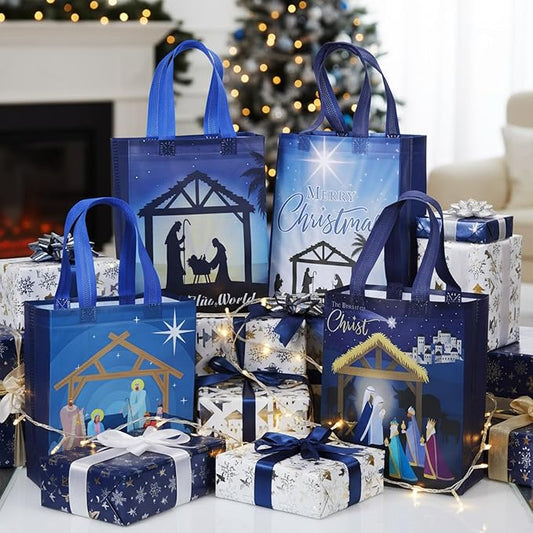 Wesnoy 24 Pcs Christmas Nativity Bags Bulk 10 x 8 x 4 Inch Christmas Jesus Non Woven Gift Bags with Handles Holy Night Religious Decoration Gift Packaging Reusable Christian Supplies for Xmas