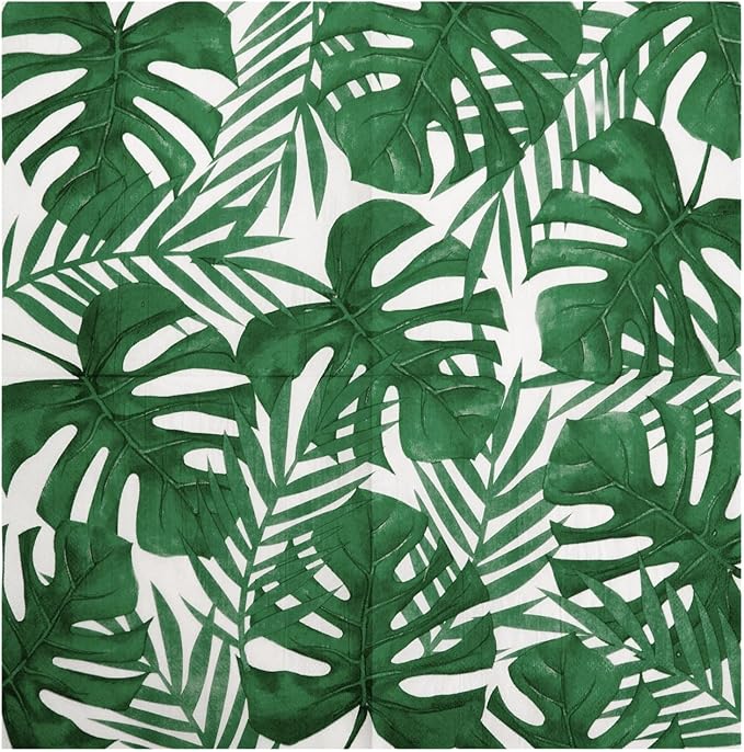 BLUE PANDA Tropical Napkins Palm Leaf Design - 6.5 x 6.5 in Folded, 150 Count, 2-Ply, Green & White - Tropical Leaf Cocktail & Tiki Napkins for Luau & Jungle Themed Parties