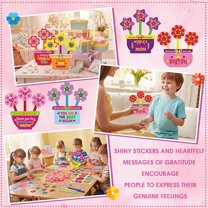 Frienda 48 Set Mother Day Crafts for Kids Happy Mother's Day Flower Pot for Mom Make Your Own Flowers Pot Craft DIY Floral Paper for Classroom Activities Mothers Gifts Spring Party Favors