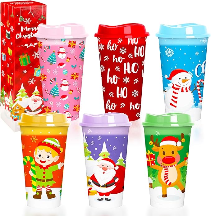 Jansun 6pcs Christmas Color Changing Hot Cups with Lids 16Oz Reusable Plastic Coffee Cups for Party Decorations Winter Christmas Cups for Holiday Birthday Party Favors Supplies