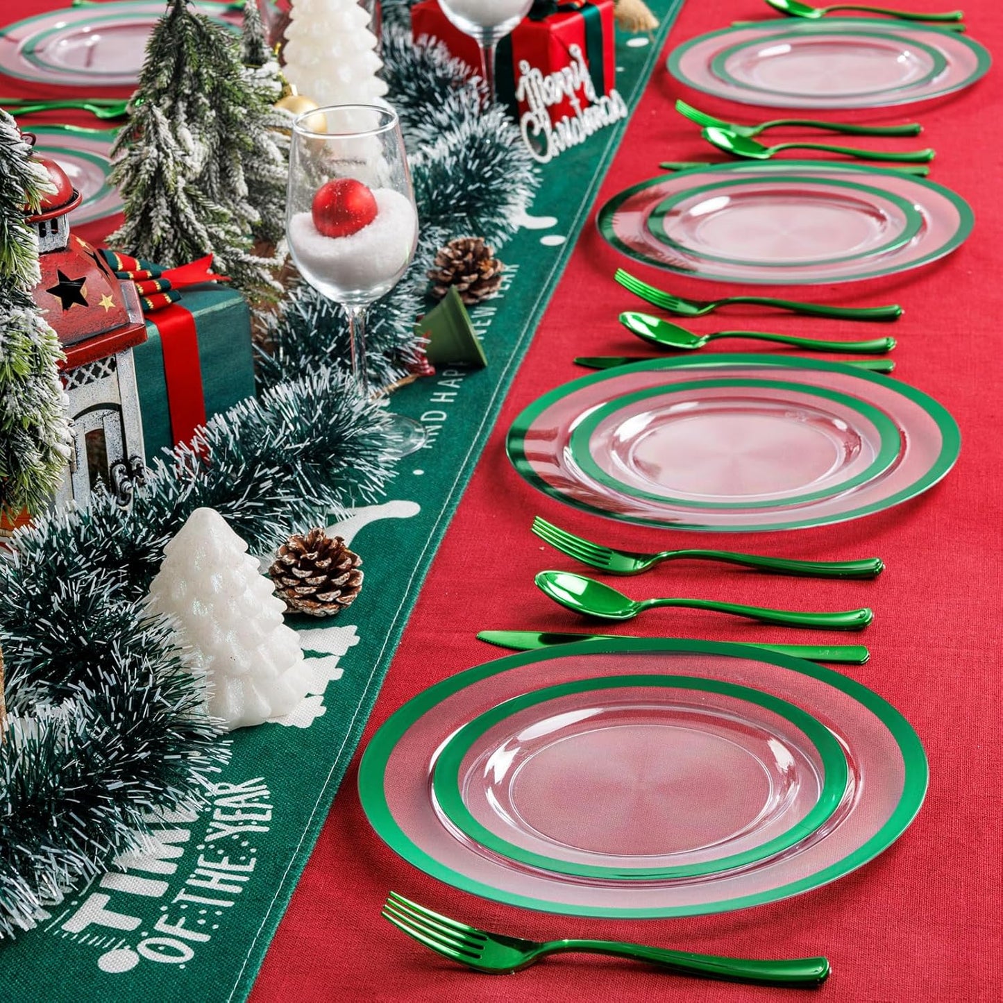 U-QE 120PCS Christmas Plates Disposable - Green Plastic Plates Disposable Heavy Duty- Holiday Plate Include 60 10” Dinner and 60 7” Dessert Platos, Perfect for Christmas, Party, Wedding