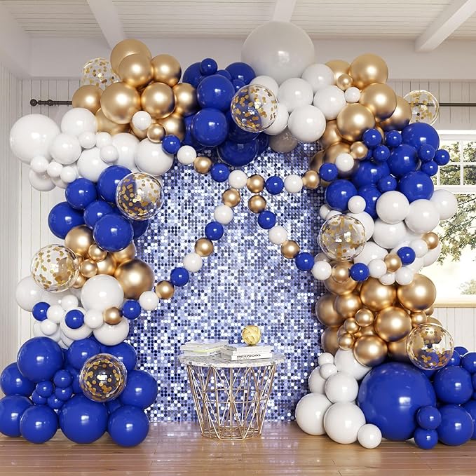 Royal Blue and Gold Balloons Garland Arch Kit, 162pcs Royal Blue White Chrome Gold Confetti Balloons for Graduation Anniversary Wedding Baby Shower Birthday Party Decorations