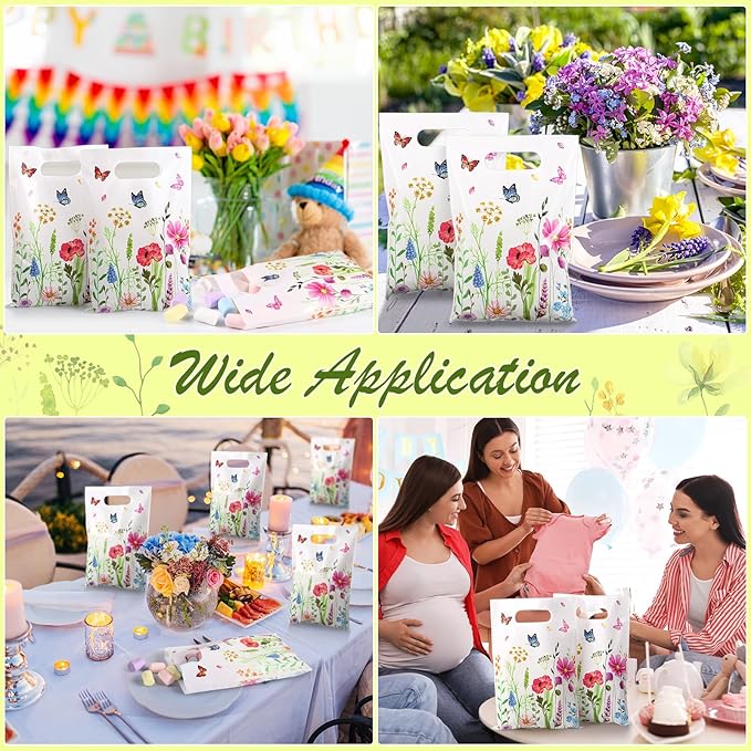 Kosiz 100 Pcs Wild Flower Gift Bags Bulk 6.7 x 9.8 Inches Plastic Wild Floral Treat Candy Goodie Favor Bags with Handles for Spring Summer Birthday Wedding Bridal Shower Floral Party Supplies Decor