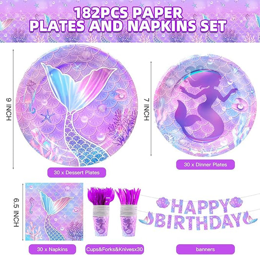 182pcs Mermaid Themed Plates and Napkins Set,Mermaid Birthday Party Decorations for Girls Birthday Party Supplies,Serve 30 Guests