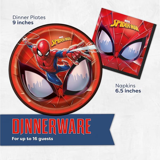 Spiderman Birthday Decorations | Spiderman Party Supplies | Serves 16 Guests | Marvel Superhero Spidey and His Amazing Friends | Table Cover, Spider Man Banner, Plates, Napkins, Masks and Button |