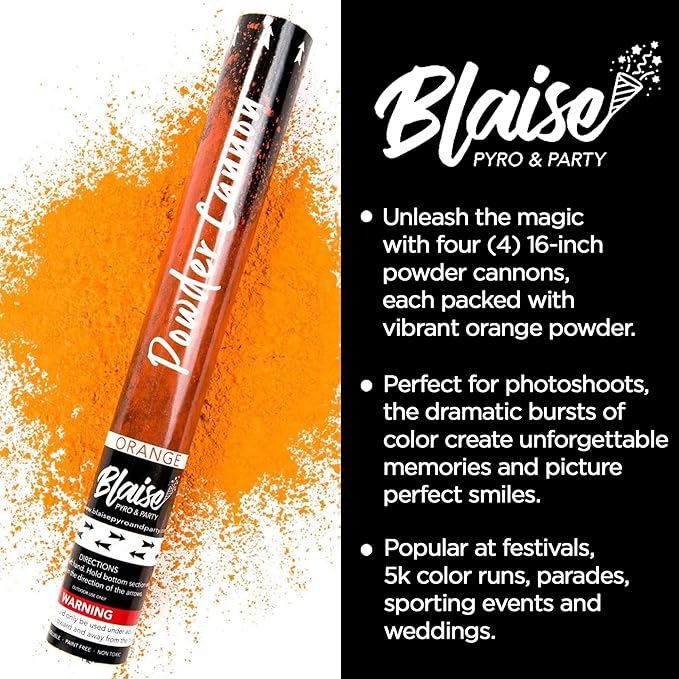 Blaise Pyro & Party - Orange Powder Poppers - Water-Soluble & Colorful Powder Cannons for Gender Reveals, Birthdays, Weddings & Celebrations - Easy to Use for Memorable Photos - 16-Inch, 4-Pack