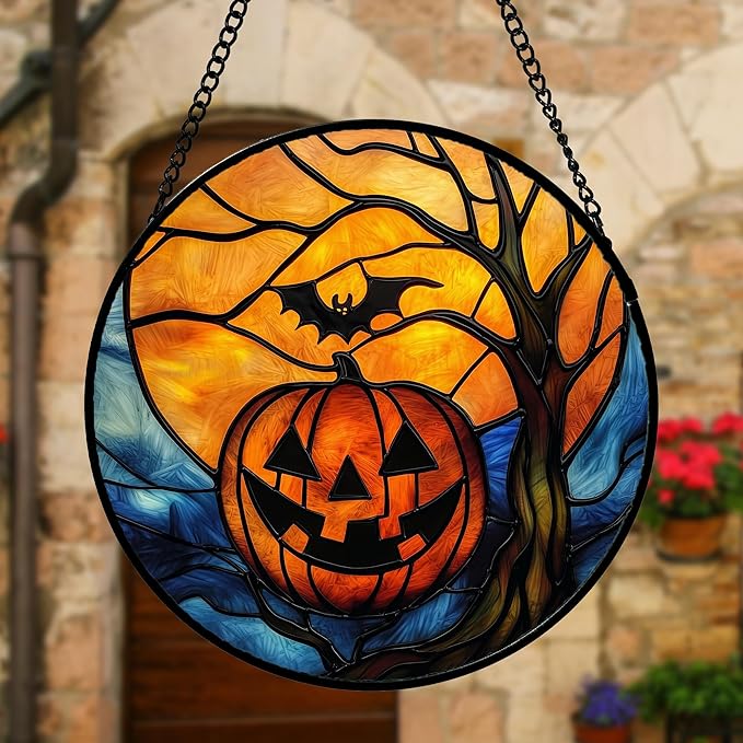 Stained Glass Window Hanging, Pumpkin Bat Moon Tree Suncatcher for Doors Home Sun Catchers Decoration and Christmas, Mother's Day Birthday Gifts for Women, Men, and Mom 6.3 in