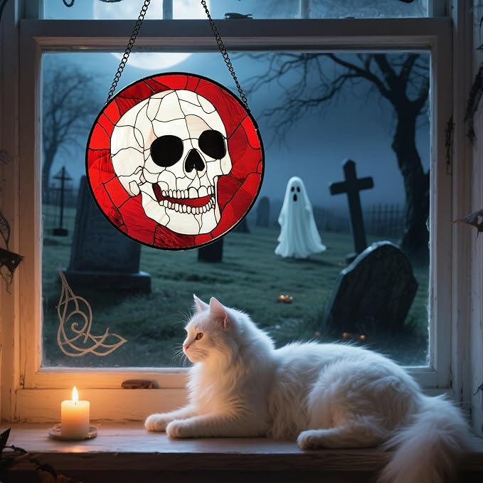 Stained Glass Window Hanging - Halloween Decoration White Skeleton Skull Suncatcher for Door Garden Spooky Red Sun Catchers Gothic Decor Horror Gifts for Women Men Friend Boy Girl 7.8 in