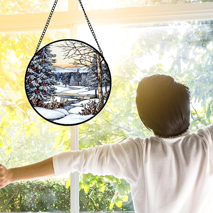 Stained Glass Window Hanging, Winter Snow Landscape Suncatcher Diamond Glass Panel Sun Catchers Decor for Birthday for Women, Men, Wife, Aunt, and Mom 11.8 in