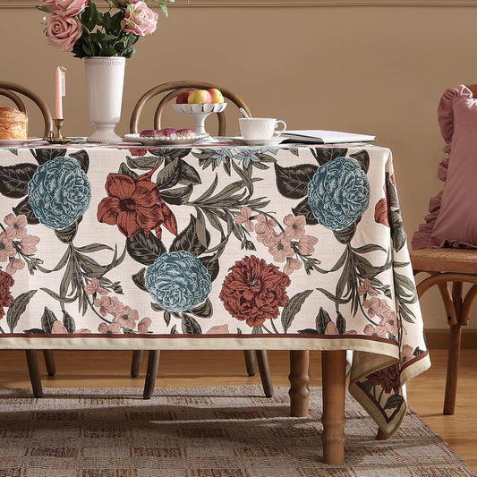 Designer French Linen Tablecloth for Rectangle Table,Red and Blue Floral Rustic Durable Tablecloths,Decor Table Cover for Kitchen,Dining,Thanksgiving,Christmas,55"*87"-Burgundyred