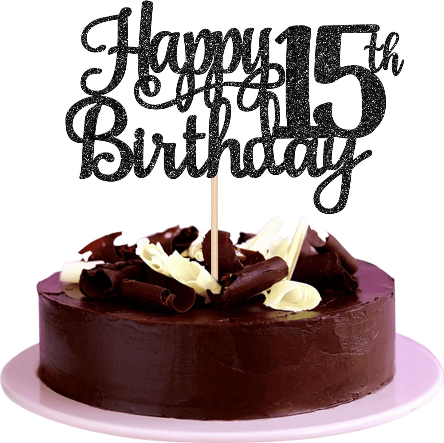 1 PCS Happy 15th Birthday Cake Topper Glitter Cheers to 15 Years Birthday Cake Pick Mis Quince 15 Fabulous Cake Decoration for Happy 15th Birthday Theme Party Decorations Supplies Black