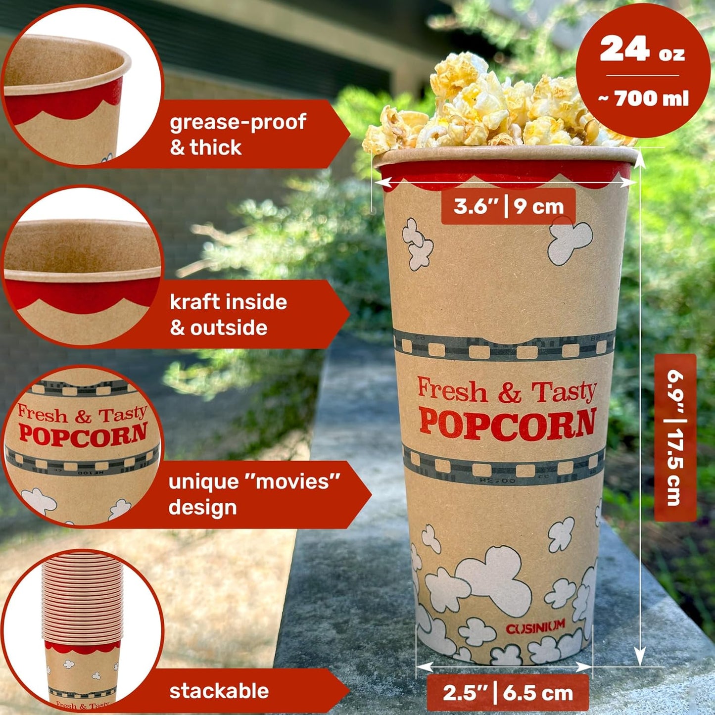 CUSINIUM 24 oz 25-Pack Kraft Popcorn Buckets - Large Popcorn Tubs