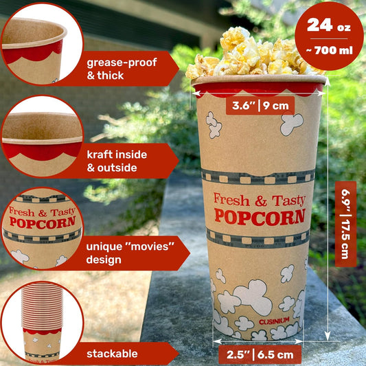 CUSINIUM 24 oz 25-Pack Kraft Popcorn Buckets - Large Popcorn Tubs