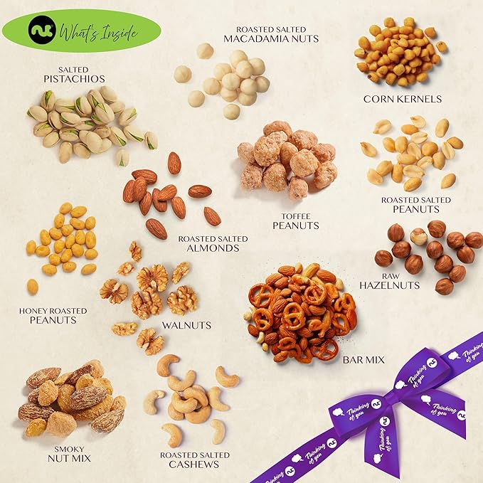 NUT CRAVINGS Gourmet Collection - Thinking of You, Nuts Gift Basket with Thinking of You Ribbon + Greeting Card in Reusable Wooden Tray (12 Assortments) Food Arrangement Healthy Snack Food Assortments