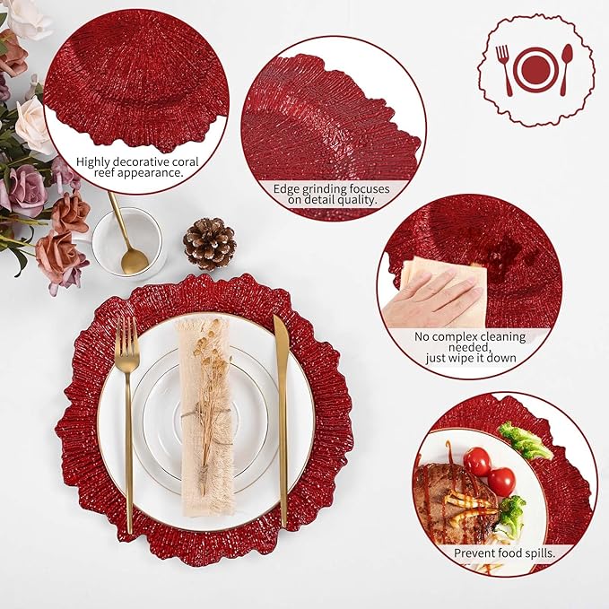 Pesonlook 50Pcs Red Charger Plates Round 13inch, Reef Plate Chargers for Dinner, Bulk Plastic Floral Table Charger Plates for Dinner Wedding Party Event Table Setting Decoration(Red)