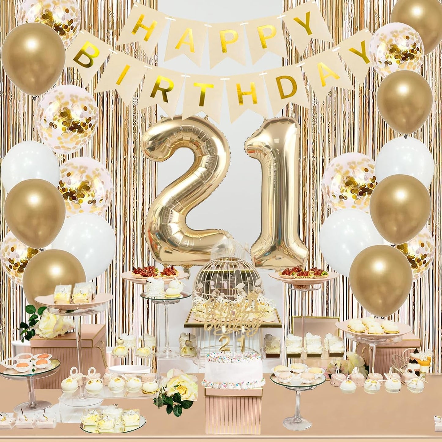 Trgowaul 21st Birthday Decorations for her, Champagne Gold Happy 21st Birthday Supplies for Girls, 21 Sash and Crown, Banner, Fringe Curtains, Cake Topper, 21 Year Old Party Supplies Set