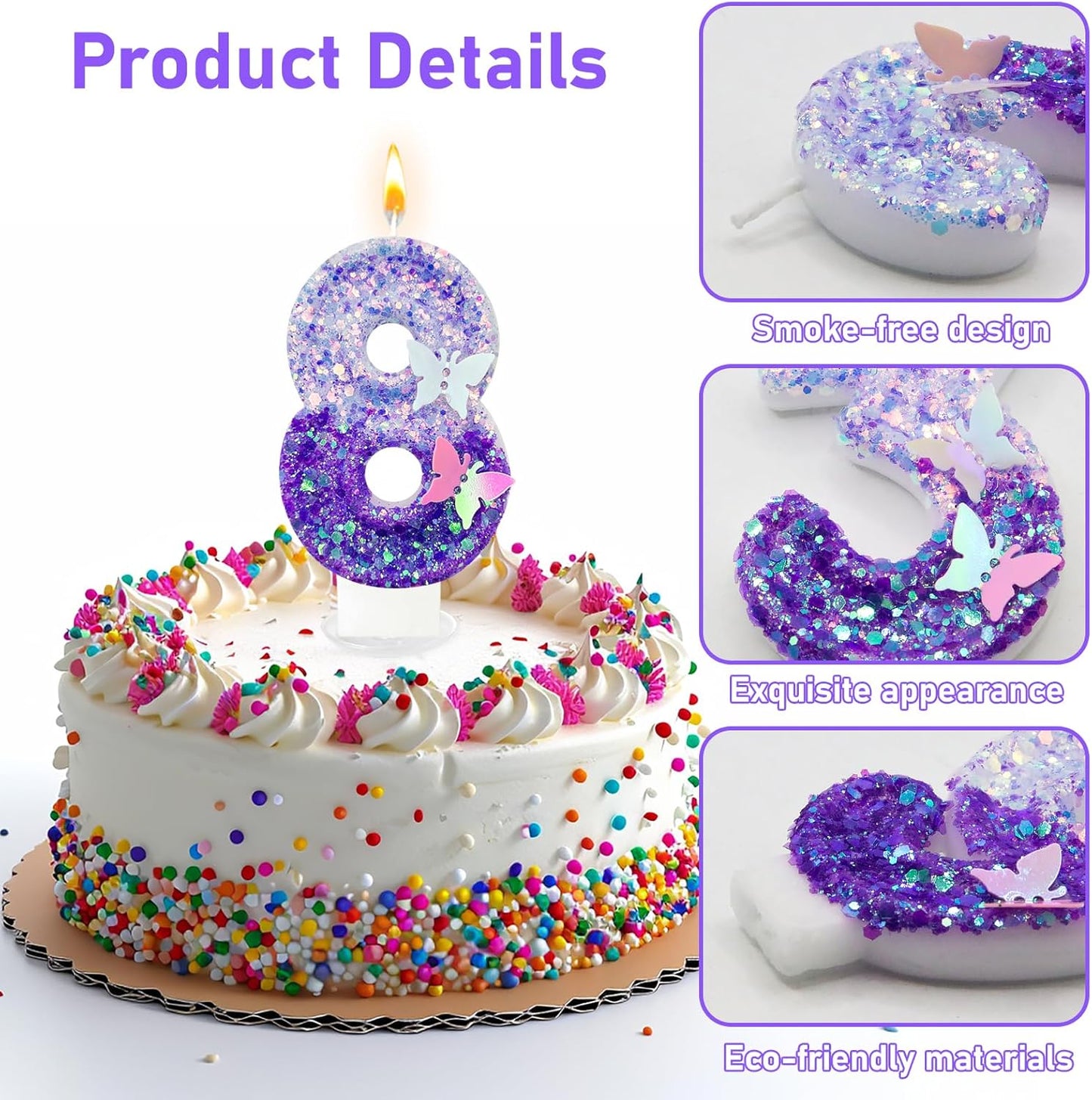 8Th Birthday Candle for Cake，Butterfly Cake Toppers，Butterfly Birthday Decorations，Purple Birthday Candles，for Birthdays,Theme Parties, Celebration, Anniversary