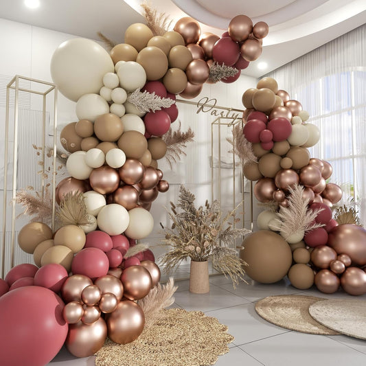 Red Brown White Gold Balloon Garland Arch Kit, 160Pcs Boho Dusty Plum Red Tan Brown White Sand Metallic Rose Gold Balloons for Bridal Wedding Anniversary Birthday Baby Shower Party