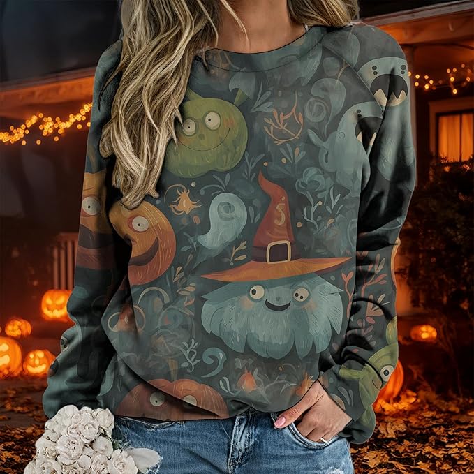 Sweatshirts for Women Graphic Print Casual Pullover Tops Long Sleeve Crewneck Halloween T Shirts
