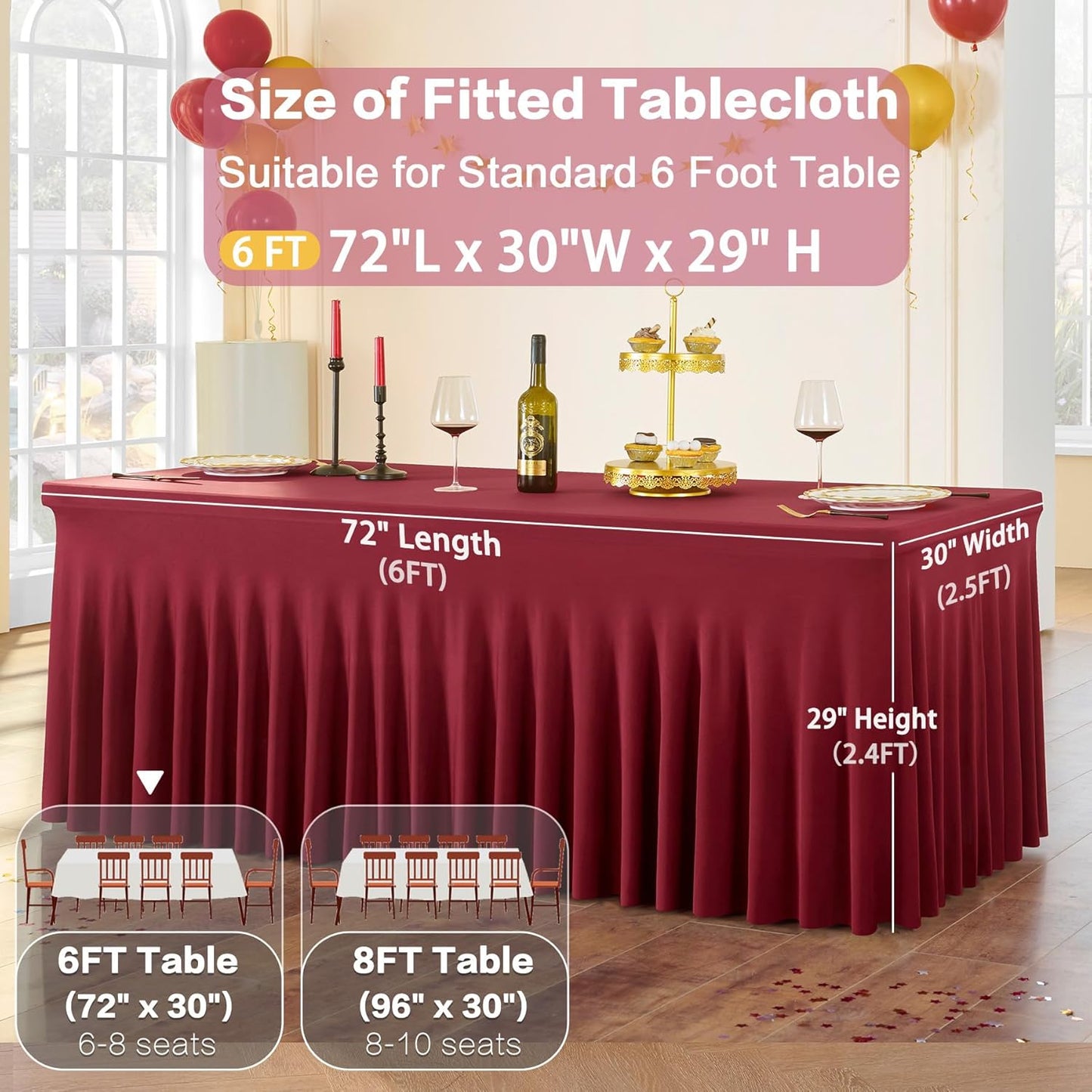 3 Pack Burgundy Spandex Tablecloth for 6 Foot Rectangle Tables, Wrinkle Free Fitted Table Cloth Cover 6ft Maroon Stretchy Tablecloths with Skirt for Parties Weddings Birthday Banquet Baby Shower