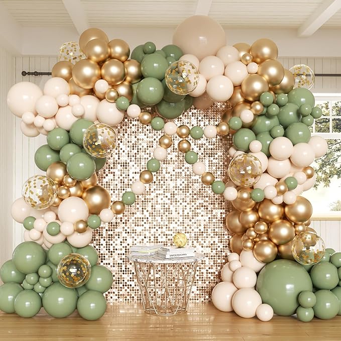 Sage Green Balloon Arch Kit, 162pcs Sage Green Sand White Gold Confetti Balloon Garland for Engagement Wedding Baby Shower Balloons Gender Reveal Birthday Party Decorations