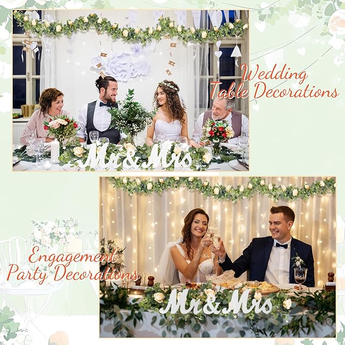 2pcs Large White Mr & Mrs Sign for Wedding Table with 5.91ft Artificial Flowers Garland, Wedding Centerpieces Wooden Bride and Groom Table Decorations for Engagement Decor (Champagne Rose)