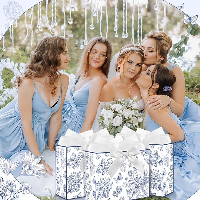 Maitys 12 Pack 13" Large Blue Floral Gift Bags Bulk with Handle, Tissue Papers, Ribbons and Greeting Cards Peony Flower Paper Bags for Wedding Bridesmaid Bridal Shower Engagement Birthday Party Favors