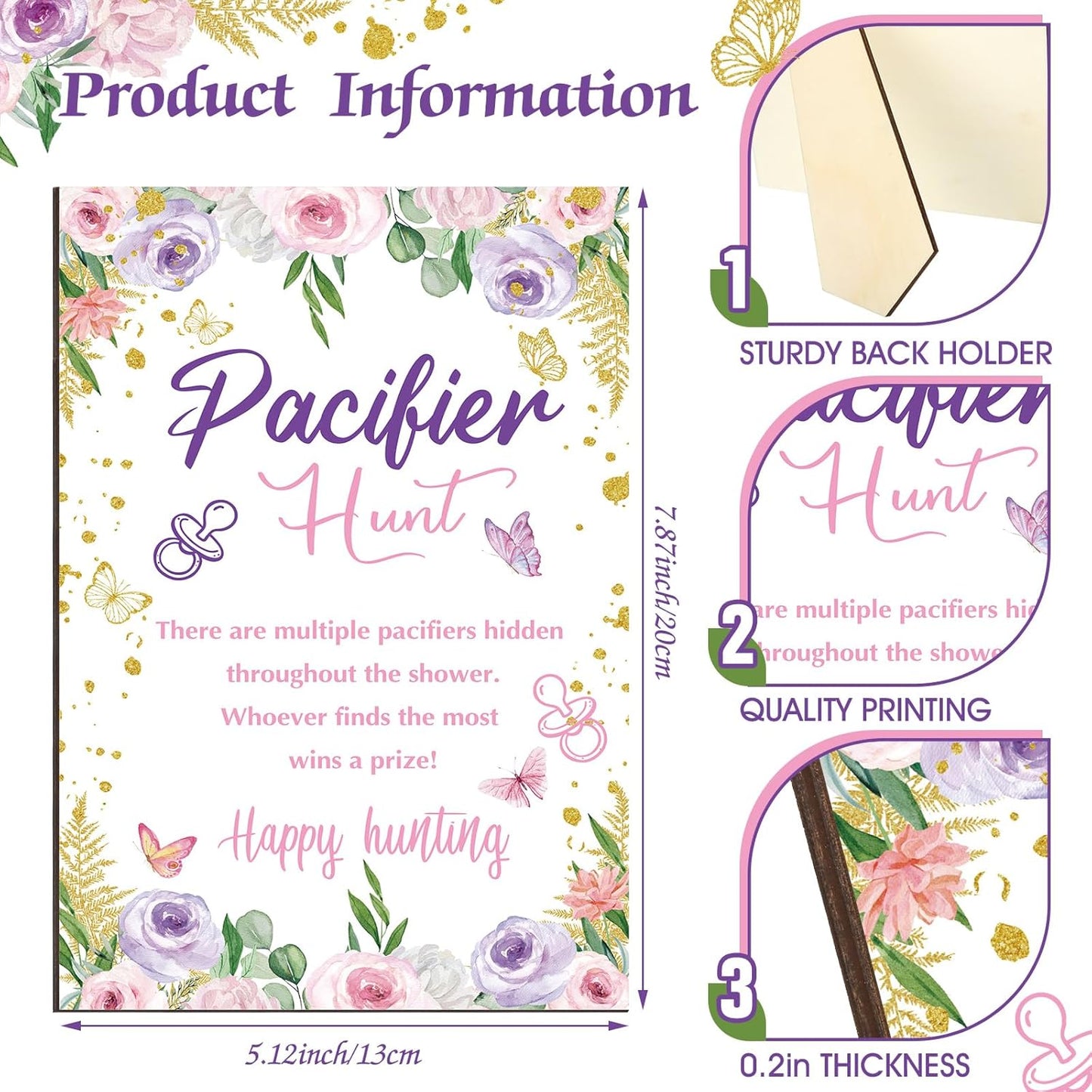 Thyle 51 Pcs Pacifier Hunt Baby Shower Games Include Hunt Sign and 50 Acrylic Pacifiers for Baby Shower Game Decoration Gift Sets Gender Reveal Party Decor(Butterfly)
