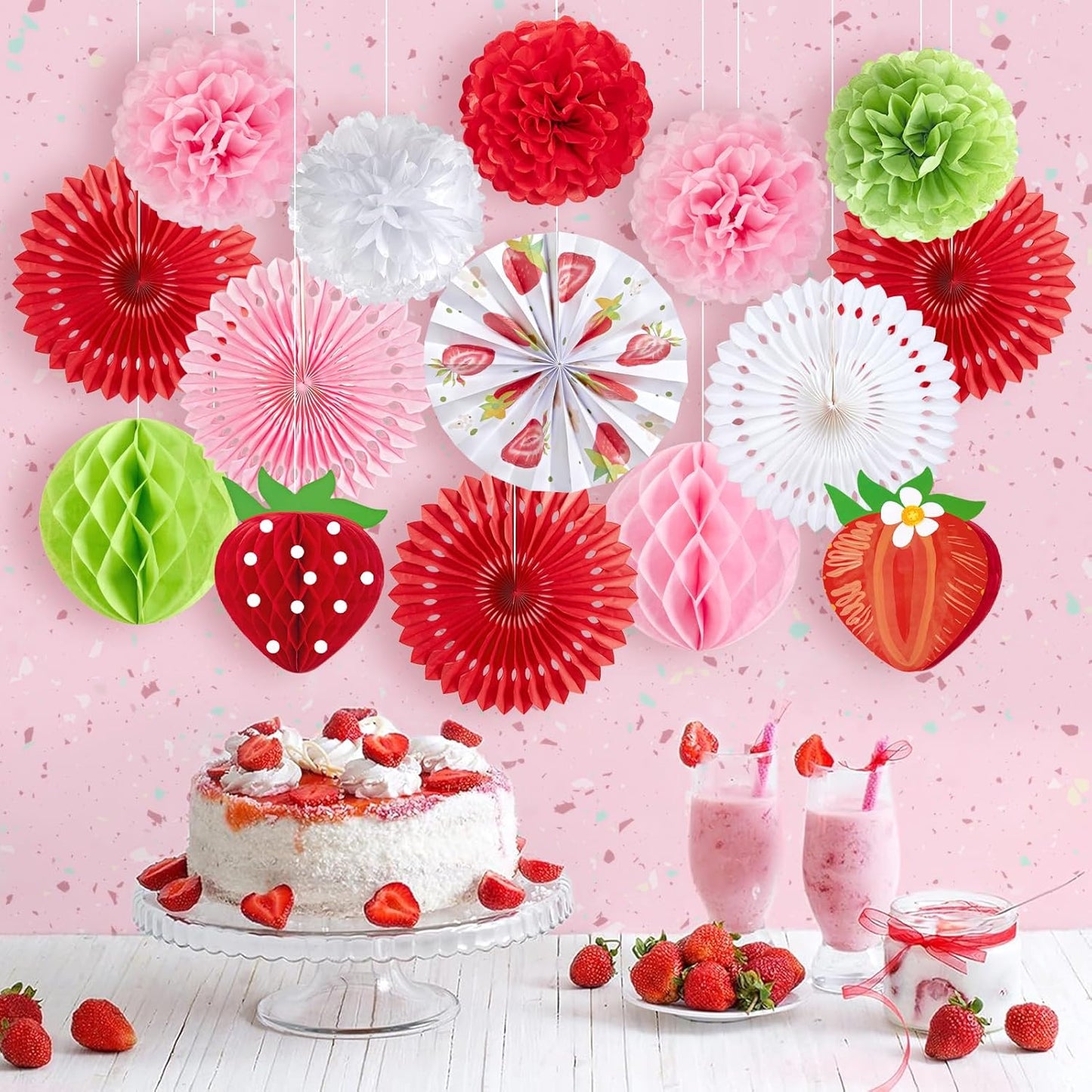 Strawberry Paper Fans, Strawberry Party Decorations, Berry First Birthday Decor, Pink Red White Green Tissue Paper Pom Poms Honeycomb for Birthday Girl Baby Shower Room Classroom
