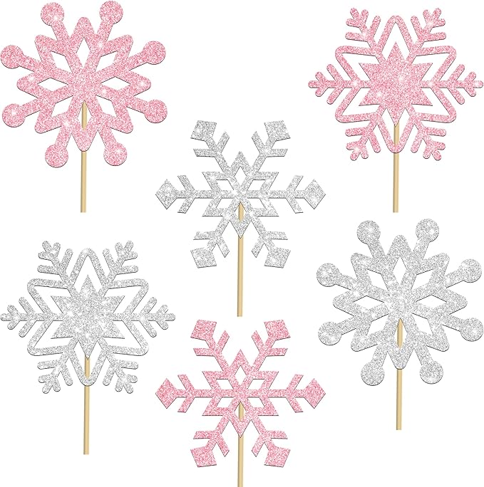 Frozen Party Snowflake Centerpiece Sticks Glitter Winter Wonderland Decorations 12PCS Snowflake Table Topper Centerpieces for Thanksgiving Christmas Birthday Party Supplies