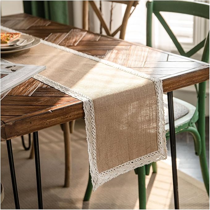 Natural Jute Table Runner, Burlap Style Table Runner, Rustic Farmhouse Table Runner Country Vintage for Wedding, Party Table Decorations, Boho Décor Jute White Lace Edge 12x87 inch TAB28