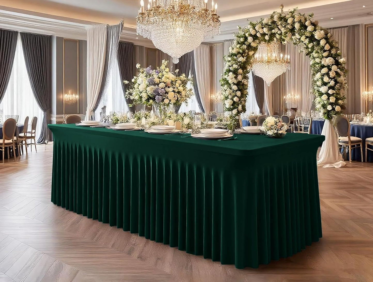 2 Packs Emerald Green Stretch Table Skirts for 8 Foot Rectangle Table, Washable Spandex Stretch Tablecloths with Skirt, Wrinkle Resistant Fitted Tablecover for Wedding Party Banquet