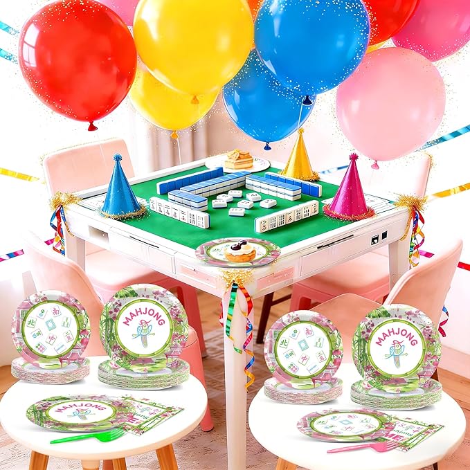 OBUSATT 96Pcs Mahjong Party Supplies Mahjong Paper Plates Napkins and Forks Mah jong Birthday Party Decorations Green and Pink Dinnerware for Home Special Events Game Night Tableware Serves 24