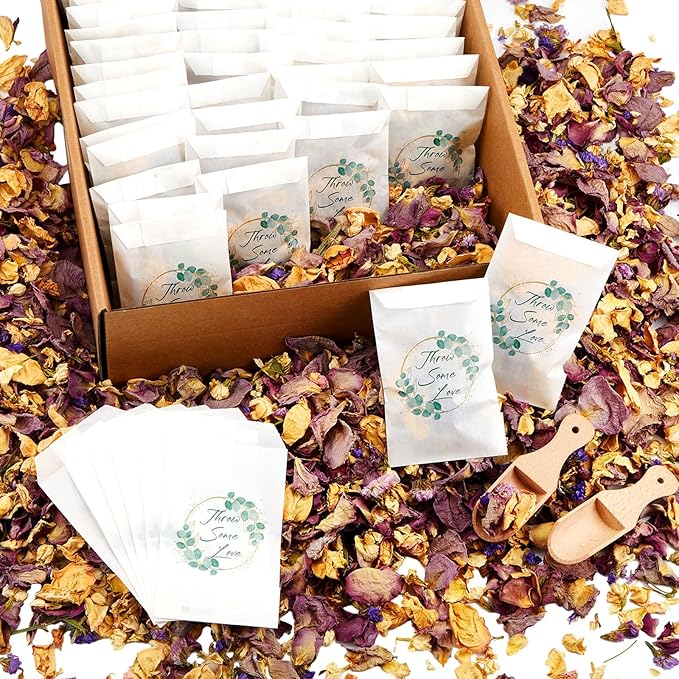 330g Biodegradable Flower Petals 100 Pcs Wedding Confetti Bags Real Dried Flowers Petals Jasmine, Lavender & Rose Mix Petal for Flower Girls to Throw Wedding Decor & Send off Ideas