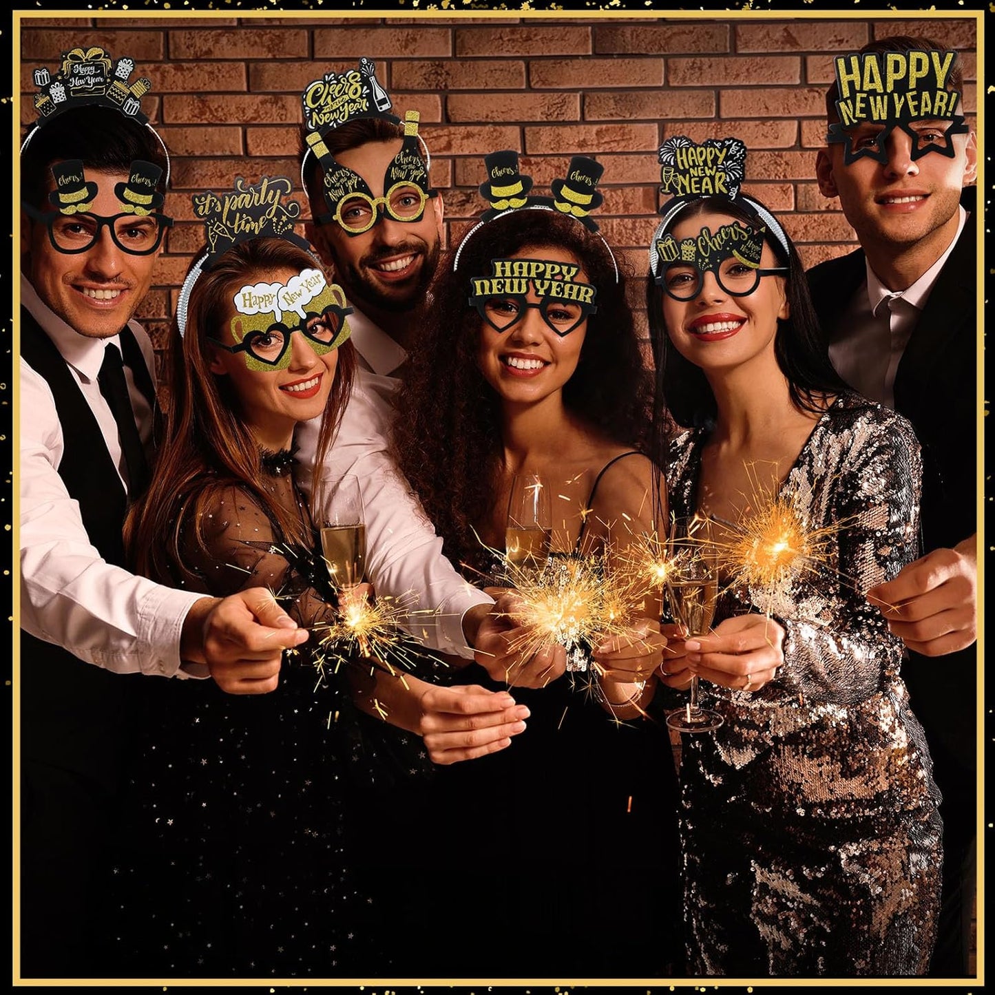 240 Pcs 2026 New Years Eve Party Favor Supplies for 48 Pcs Guest Happy New Year Glasses Paper Headband Cone Hat Fringed Noisemaker Black Gold Bead Necklace for Newyear Christmas Party Decor