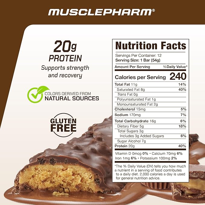 MusclePharm Combat Sport Bar, Chocolate Peanut Butter Cup, High Protein Bars, Combat Cravings, Fuel Performance & Meet Energy Demands, 20g Protein from Whey Protein, 5g Fiber, Gluten Free, 12 Bars